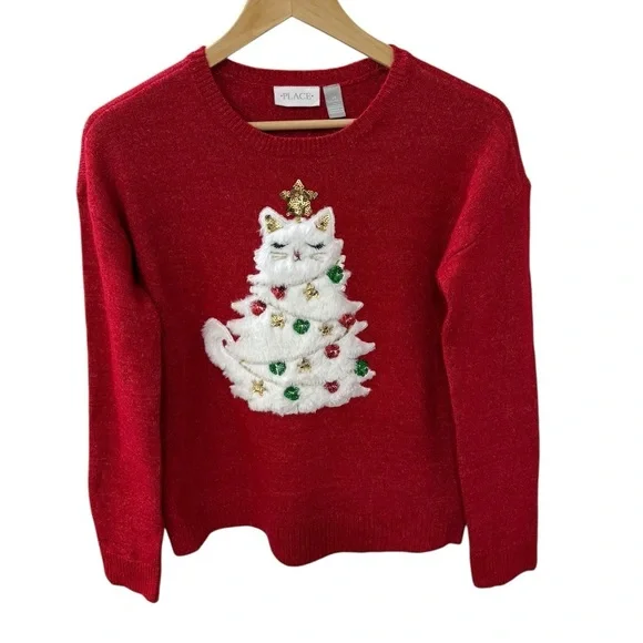 The Children’s Place Ugly Christmas Sweater Child Size Size 14 With Cat - Picture 1 of 8